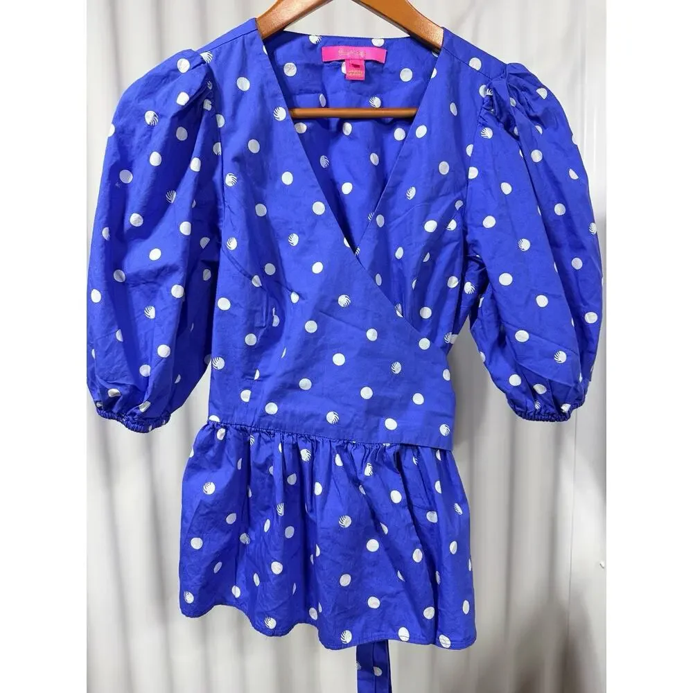 Lilly Pulitzer Periwinkle Blue Sz 6 White Polka Dot Cotton Puff Sleeve Wrap Top